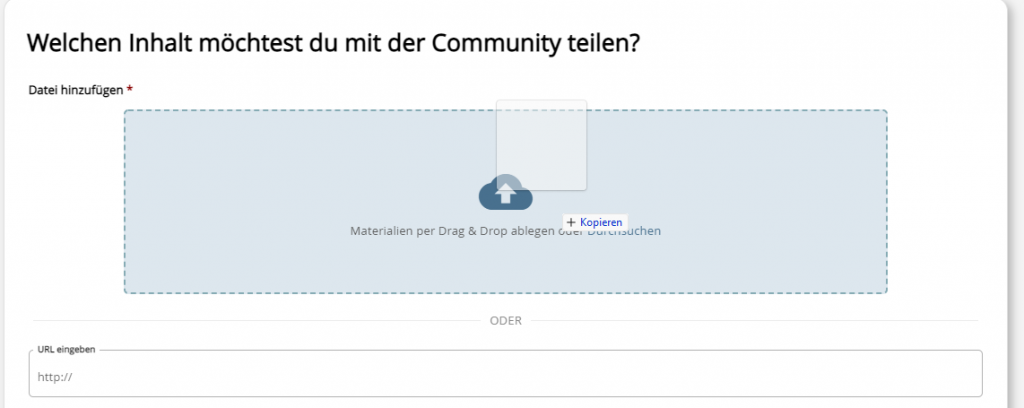 Auf dem Bild ist das Upload-Fenster von WirLernenOnline zu sehen. Es wird gezeigt, wie ein Moodle-Kurs mit der Community geteilt werden kann. 