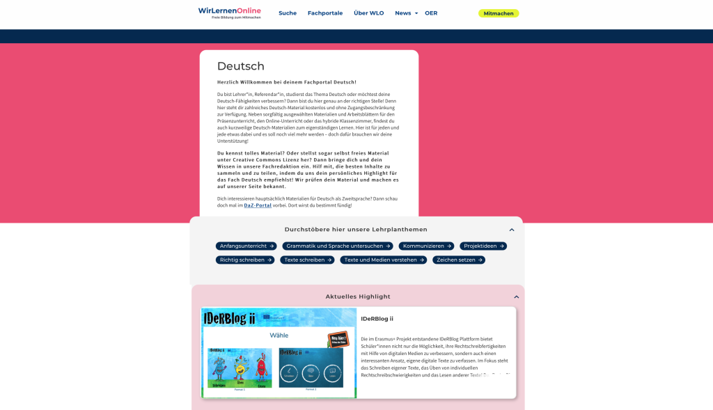 WirLernenOnline Fachportalseite Fachportal Deutsch Übersicht